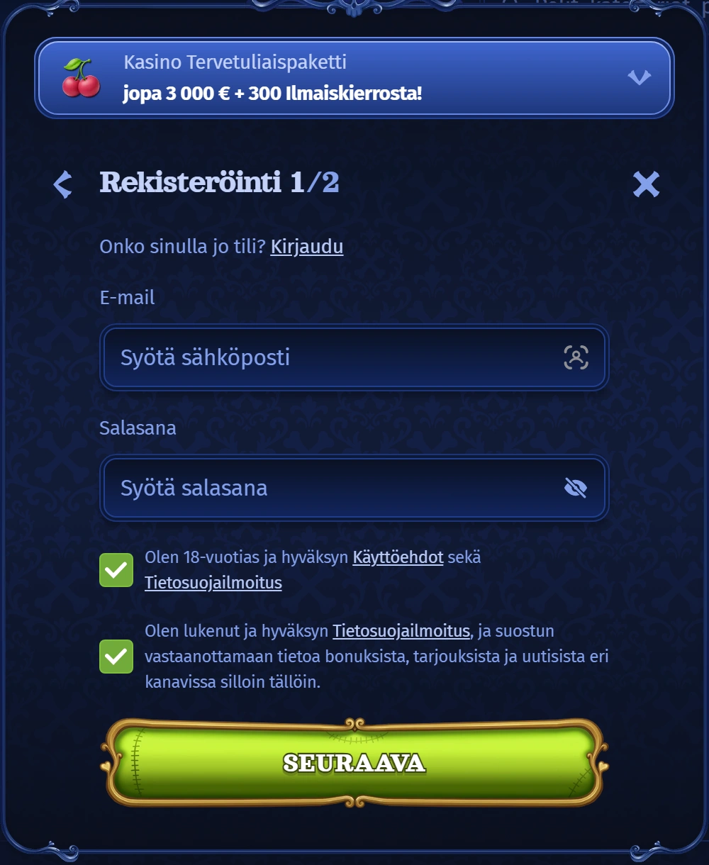 Casombie Rekisteröityminen ja kirjautuminen